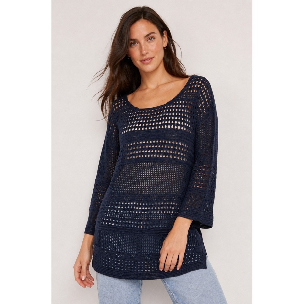 Old Navy Crochet Sweater Women Medium Navy Blue Open Knit Boho Coastal Beachy